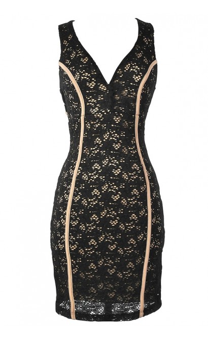 Black and Beige Lace Dress with Fabric Piping